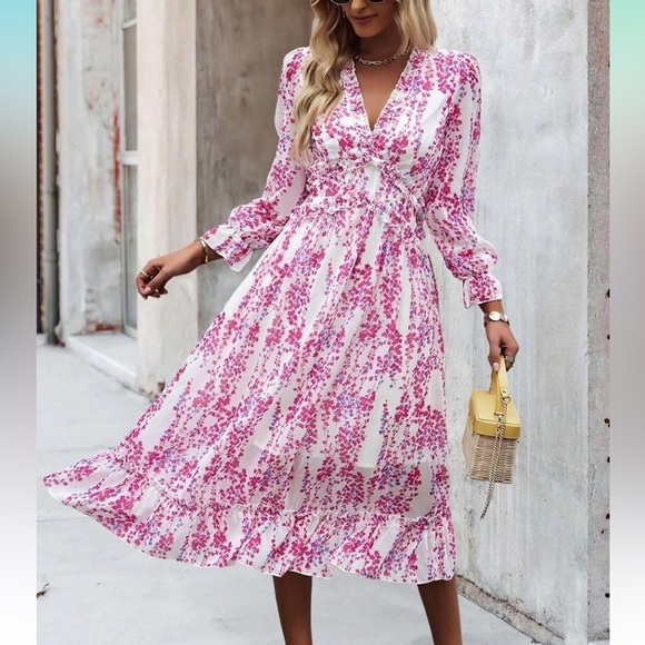 [US8]Seasty WMN Midi Dress L/S Floral Frill Trim Flounce Sleeve Ruffle Hem Dress - Picture 2 of 14